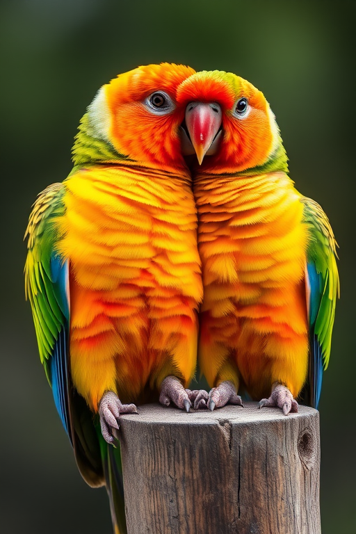 a vibrant close-up of two colorful lorikeet parrots perched on a wooden post, high definition, f/2.8, 1/250s, ISO 200, macro lens, natural lighting, shallow depth of field, focus on bird details