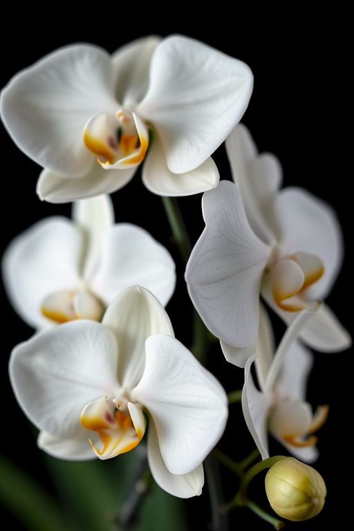 macro shot of white orchids with a black background, shallow depth of field, ISO 100, f/2.8, 50mm lens, natural light, DSLR camera