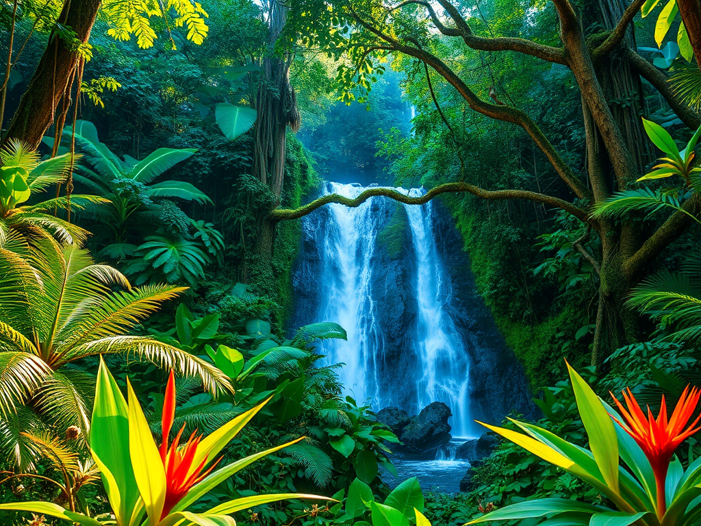 lush tropical rainforest with a waterfall, early morning light filtering through trees, vibrant greenery and exotic plants, Canon EOS R5, 24mm lens, f/8, ISO 100, HDR setting, high dynamic range photography