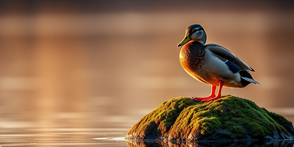 Capture a close-up of a duck standing on a mossy rock in calm water during golden hour, with a shallow depth of field, f/4 aperture, ISO 200, 1/200 sec shutter speed, DSLR camera, 70-200mm lens, natural light.