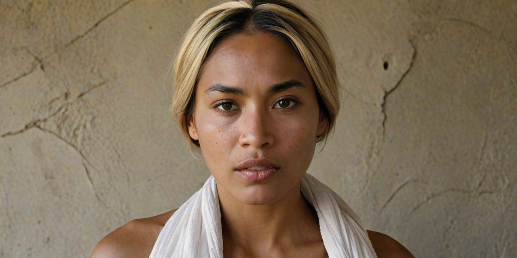 Create a close-up photographic image of a Maori woman with light skin tones shown against an old, worn wall. Their head is wrapped in a white cloth covering (i.e.... parts of the head except the nose and mouth, which are open as if they are screaming...), with a slight texture and visible folds in the fabric. Thin strands of blonde hair escape from the wrapping above, falling lightly at the top and sides. Their hands hold the fabric as if they are tugging nervously. The lighting is dramatic and even, casting strong shadows. The image has a minimalist and surreal style with an emphasis on simplicity with soft color tones. The composition is centered.