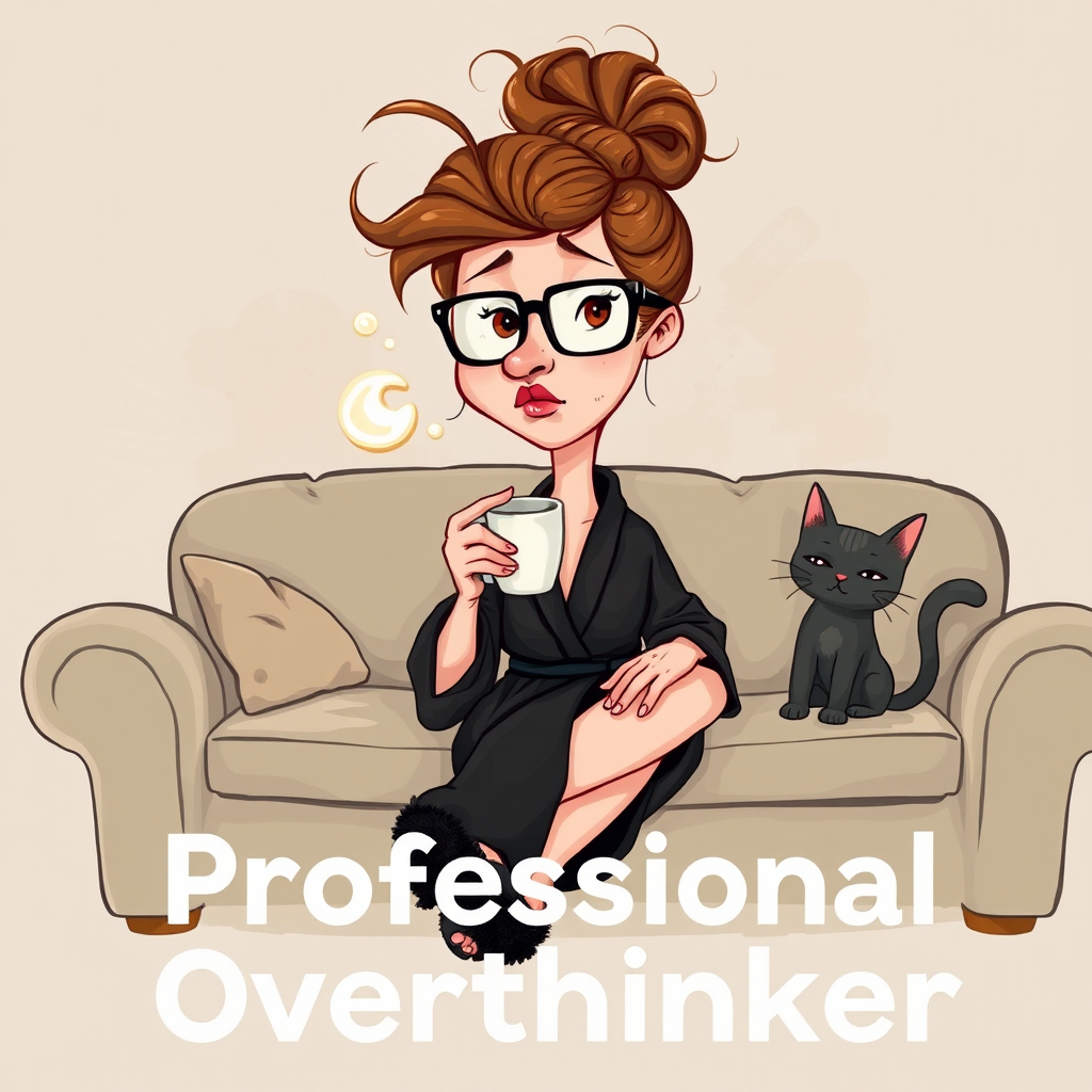 The words ‘Professional Overthinker’ (exact spelling) An exaggerated whimsical illustration of a cute silly lady with unruly messy brown bun and black glasses pouty lips and a thinking expression. Shes sitting on the couch, legs folded wearing a black silk robe, black fuzzy slippers. She’s holding her coffee cup and making a deep-in-thought face.  A quirky scruffy cat (dog) looking at her against a mottled, oil painting style soft background living room setting.