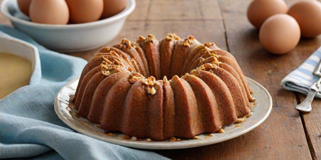 Generate an image of a freshly baked dessert in a bundt pan. The dessert should have a golden-brown, crispy topping and a moist, creamy interior. Surround the pan with ingredients like eggs, butter, and a glass of milk, with a rustic wooden table as the background. Add a light blue cloth draped nearby for a touch of color.