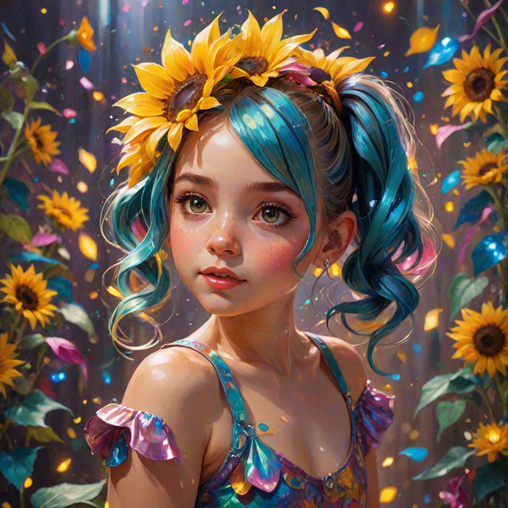 Superfine painterly A pretty girl with pigtails with a giant LED sunflower with multicolored petals that shimmer and shine