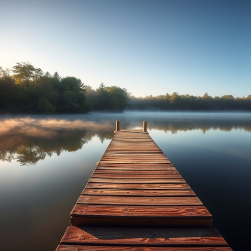 Create a serene landscape of a wooden dock extending into a calm lake surrounded by lush trees with morning mist hovering above the water, use a Canon EOS R5 with a 24-70mm f/2.8 lens, aperture set to f/8, shutter speed at 1/125 sec, ISO 100, in soft morning light with a slight golden hue, capturing the beauty in a vibrant, high-definition style.