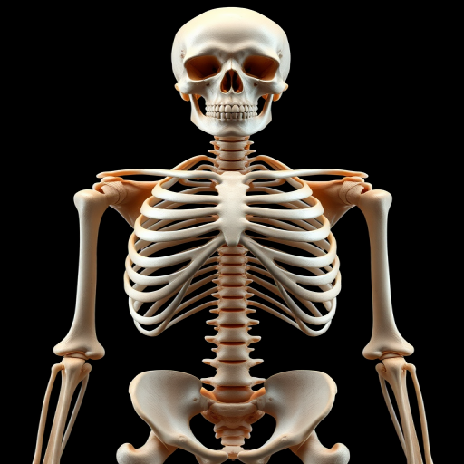 Create a highly detailed 3D rendering of a human skeleton in an anatomical position, using a DSLR camera with a 50mm lens, aperture set to f/8, ISO 100, shot from a straight-on frontal view to enhance clarity and depth.