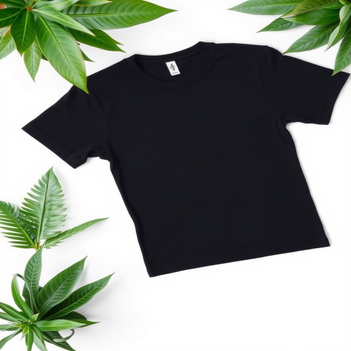 Create an image of a plain black t-shirt on a white background, shot with a DSLR camera at f/5.6 aperture, ISO 200, 50mm lens, top-down view, natural lighting.