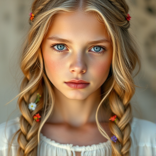 Create an image of a young Guarani woman with long, wavy blonde hair, adorned with small, colorful flowers woven into her braids and loose strands. Her complexion is fair, with soft, glowing skin, and she has light blue eyes that gaze softly at the viewer. She wears a light, flowing dress with a gentle, ethereal quality, complementing her delicate and serene appearance. The background is slightly blurred, drawing focus to her tranquil expression and the intricate details of the flowers in her hair. The overall mood of the image is one of natural beauty and grace, evoking a sense of peacefulness and connection with nature.