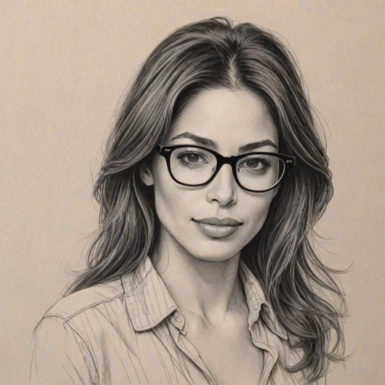 Exquisite Sarah Shahi, pencil sketch, portrait of Beauteous woman 1979s in glasses, hair style beatnik, outline, clear lines, fine lines, 8k