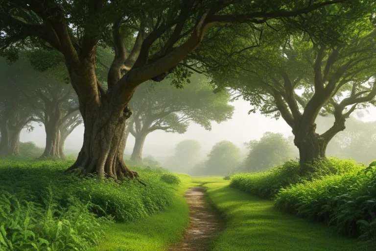 A Tranquil Pathway Through a Lush Green Forest in Morning Light.