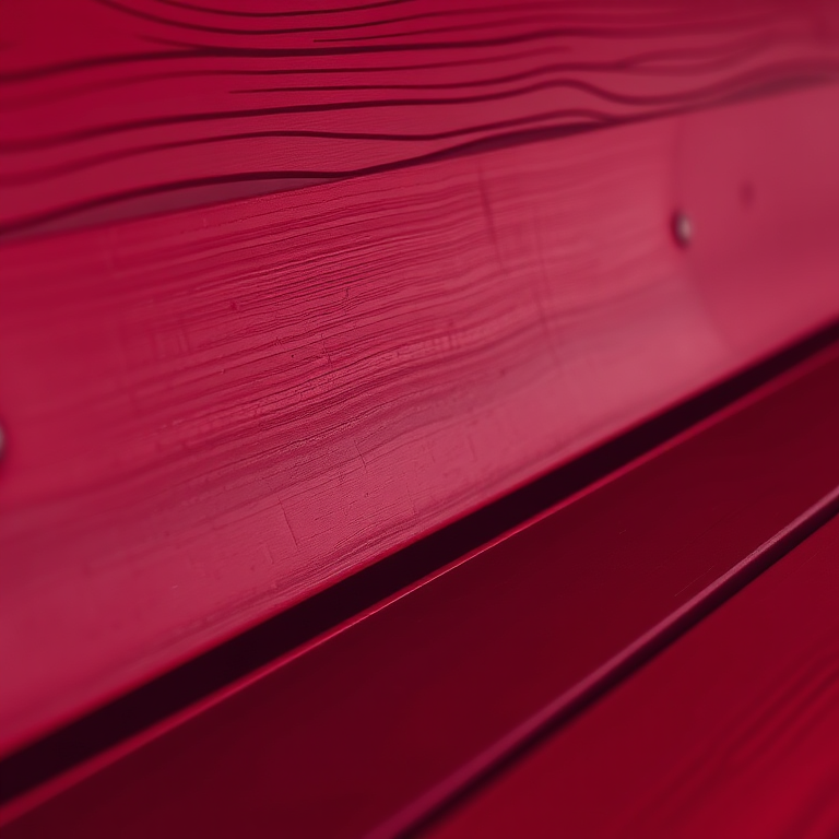 create a stylized illustration of a wooden bench with a dark red hue, captured with a DSLR camera at f/2.8 aperture, ISO 100, 50mm lens, with a shallow depth of field, in a soft light setting, emphasizing textures and colors.