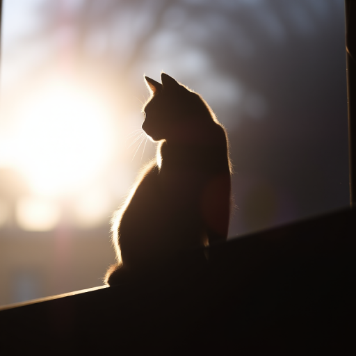 Create a detailed black silhouette of a cat sitting on a windowsill against a bright light source with a soft focus background, using a 50mm lens at f/1.8, ISO 200, shutter speed 1/200s, natural light, shot with a DSLR camera.