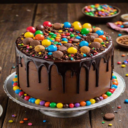 Create an image of a decadent chocolate cake topped with colorful candy-coated chocolates and small cookies. The cake should have a shiny chocolate ganache dripping down the sides, with a rustic wooden background and scattered candies around the base.