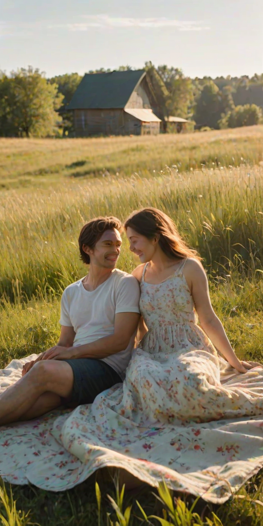 Warmly lit image of a couple sitting together on a blanket in a sun-drenched meadow, tall grass swaying in the breeze, wildflowers blooming around them, sunlight casting long shadows, a distant farmhouse barely visible in the background.