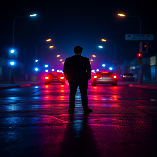 Create a dramatic nighttime scene featuring a silhouette of a person in a suit standing on a wet, reflective street surrounded by blue and red police lights, using a Canon EOS R5 with a 50mm lens, aperture set to f/1.8, ISO 200, and a shutter speed of 1/60s to enhance depth of field and capture vivid colors.