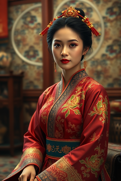 A beautiful woman in traditional East Asian attire, intricately detailed with embroidered patterns, sitting gracefully in a richly decorated room, soft ambient lighting, serene and elegant, ultra-realistic, 8K resolution