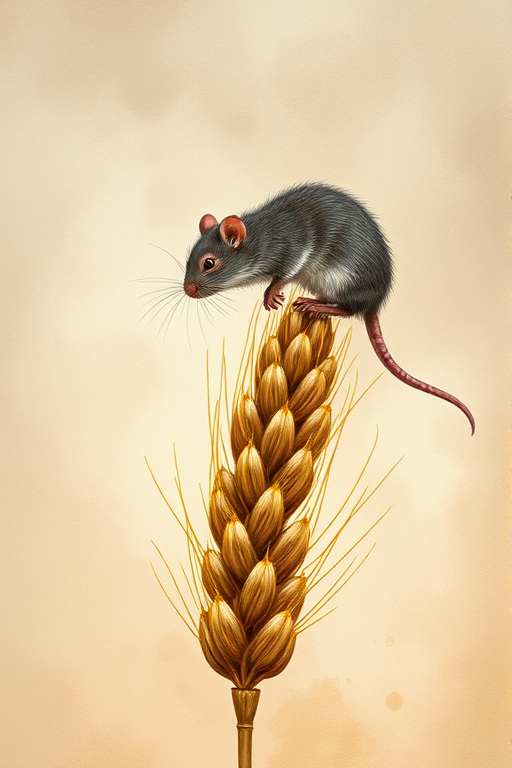 Soft, muted Alcohol Ink with ebru effect background image of tiny whimsical rat, who climbed high on the top of a golden rye ear.