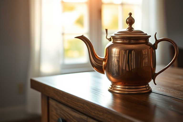 a close-up shot of a vintage copper teapot on a wooden table with natural light streaming in through a window, camera settings: f/2.8, ISO 200, shutter speed 1/60, using a 50mm lens and a DSLR camera for enhanced image quality