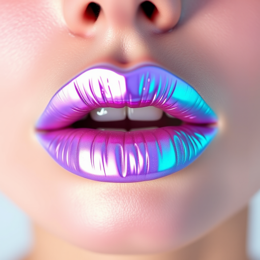 Iridescent holographic lips shifting between lavender and mint green, creating a futuristic and ethereal look that captivates the imagination