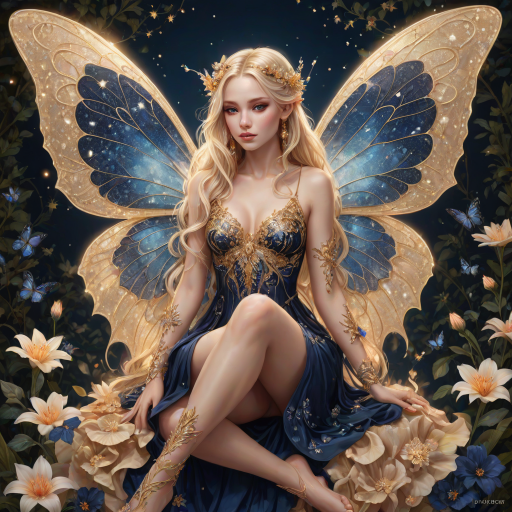 A digital artwork features a winged fairy with delicate Navy butterfly wings, adorned with intricate Beige andPlatinum patterns. She is seated on a vibrant Navy flower, wearing a revealing red two-piece outfit with sparkling beadwork. Her fair skin, long blonde hair, and gold jewelry add to her ethereal appearance. The background is a warm, golden gradient, creating a magical atmosphere. Small glowing orbs and sparkles surround the flower, enhancing the enchanting, highly detailed, and realistic scene.