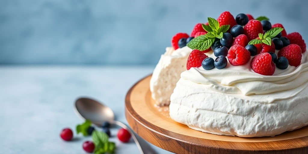 Create an image of a beautifully styled pavlova cake topped with fresh raspberries blueberries and mint leaves on a wooden cake stand with a soft blue background. The cake should have a light and fluffy meringue texture with whipped cream visible and a rustic silver serving spoon beside it.