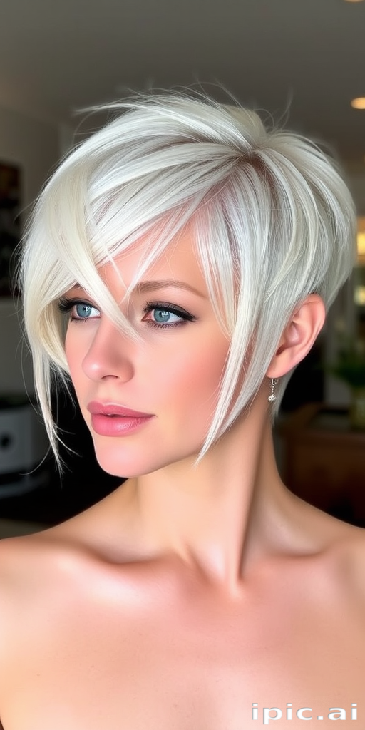 Elegant platinum blonde pixie cut with textured layers and soft wispy bangs, featuring a sleek side-swept fringe and subtle ash-toned lowlights for dimension and depth