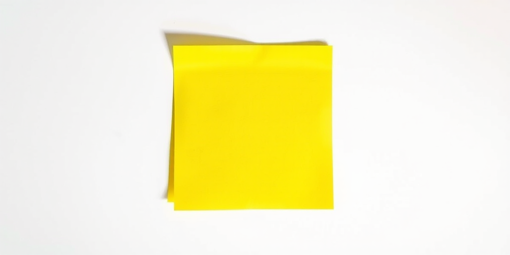 Create a bright yellow sticky note on a white background, captured with a DSLR camera at f/2.8 aperture, ISO 100, 50mm lens, using a soft diffuse lighting setup and a top-down view for enhanced clarity and vibrancy.