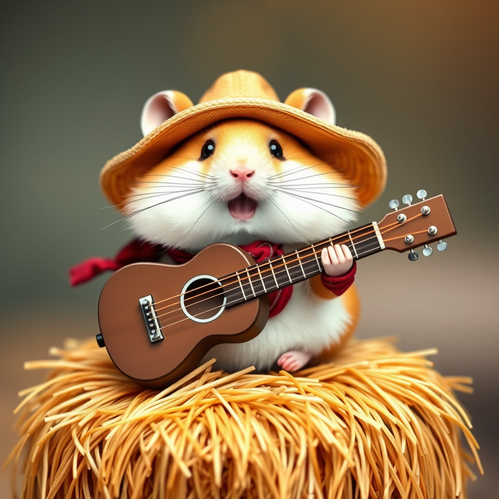 A chibi hamster, dressed as a cowboy, playing guitar, sitting on a hay bale