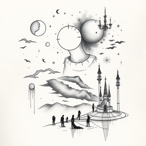 Sketch-style "Ephemeral Memories" tattoo artwork depicting dreamlike scenes and personal symbolism with loose gestural lines and shading techniques to create a raw and emotive visual narrative