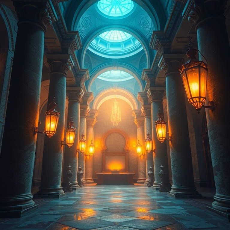 fantasy interior with columns and archways, ethereal lighting, glowing lanterns, and mystical atmosphere, wide-angle view, soft focus, DSLR camera, aperture f/2.8, ISO 200, shutter speed 1/60s, ambient lighting, high-resolution quality