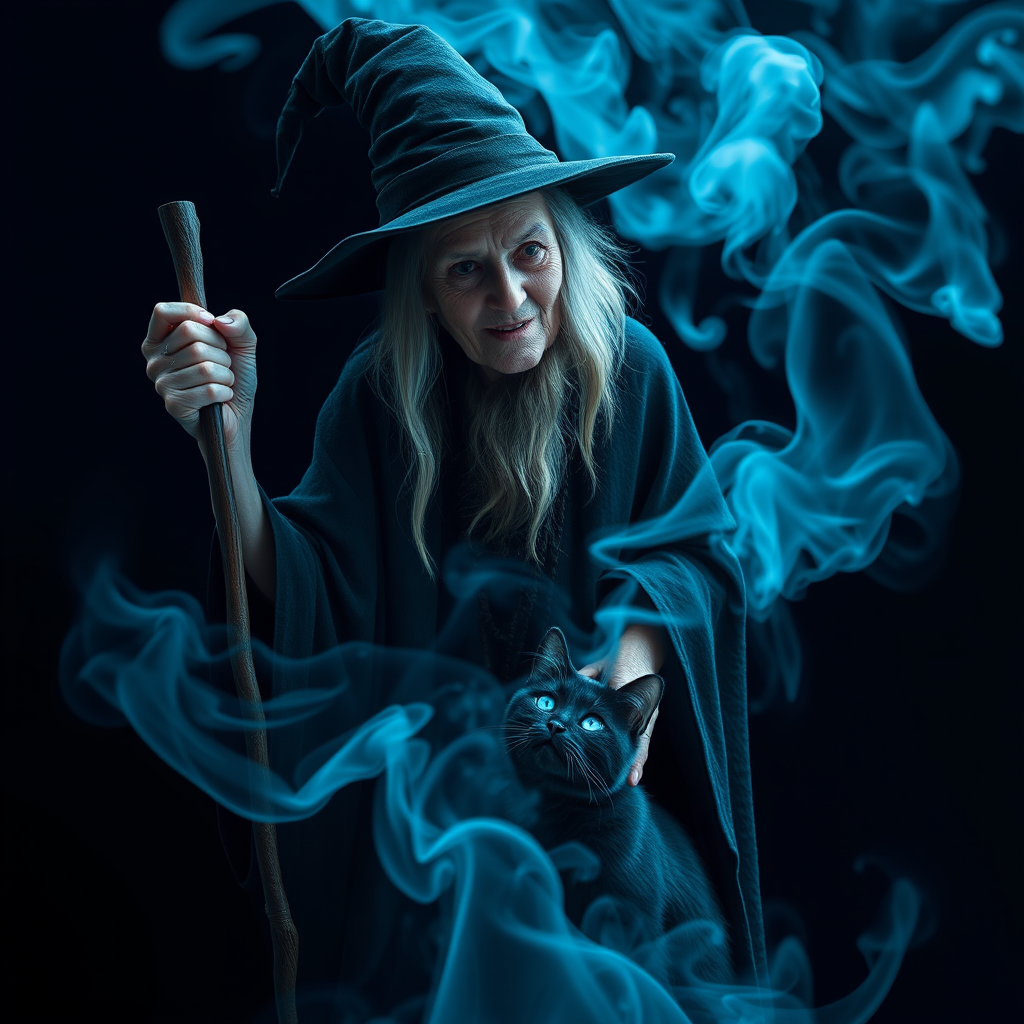 Close-up of a mysterious old crone female witch and her cat made of blue smoke are standing in the dark cackling evilly at the viewer. The smoke is a deep blue, and the background is black. The crone is wearing a long, flowing robe and has a pointed hat on her head. She is holding a staff in one hand and has a mischievous look on her face. The cat is sitting at her feet, looking up at her with glowing blue eyes. The smoke around them is swirling and shifting, as if it has a life of its own. The overall effect is eerie and magical.