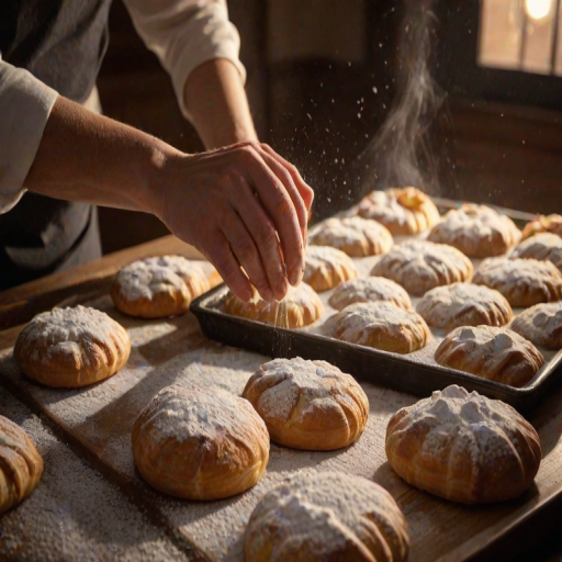 Warm, softly lit image of a baker dusting powdered sugar over freshly baked pastries, soft glow from the oven casting warm shadows, with the smell of vanilla and cinnamon in the air.