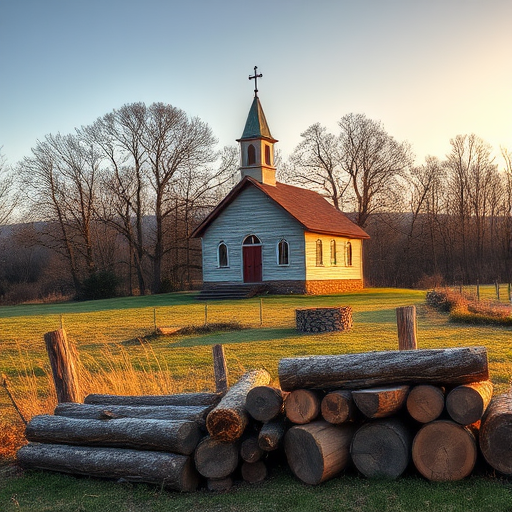 Capture a serene rural landscape featuring a quaint church surrounded by bare trees, with stacked logs in the foreground; use a DSLR camera with a 50mm lens, aperture set to f/8, ISO 100, and a slight HDR effect to enhance details and colors in natural lighting during golden hour.