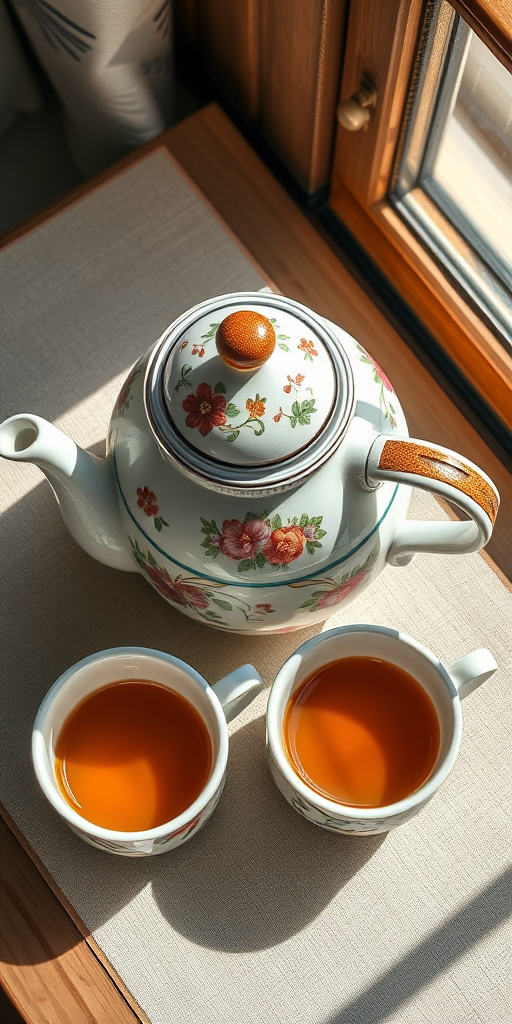 Create a high-resolution illustration of a ceramic teapot with floral designs, accompanied by two matching teacups filled with tea, shot with a Canon EOS R5 at f/2.8, 50mm lens, soft natural lighting from a window, top-down view, using a painterly style to enhance details and textures.