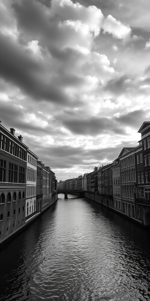 create a black and white image of a serene canal scene with historic buildings along the waterway under a dramatic cloudy sky using a DSLR camera with a 24mm lens, f/8 aperture, ISO 100, shot in landscape orientation at golden hour for enhanced contrast and detail