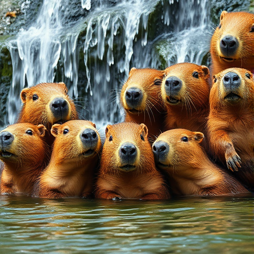 photo of a family of capybaras, chilling in water under a waterfall, water drips on the head