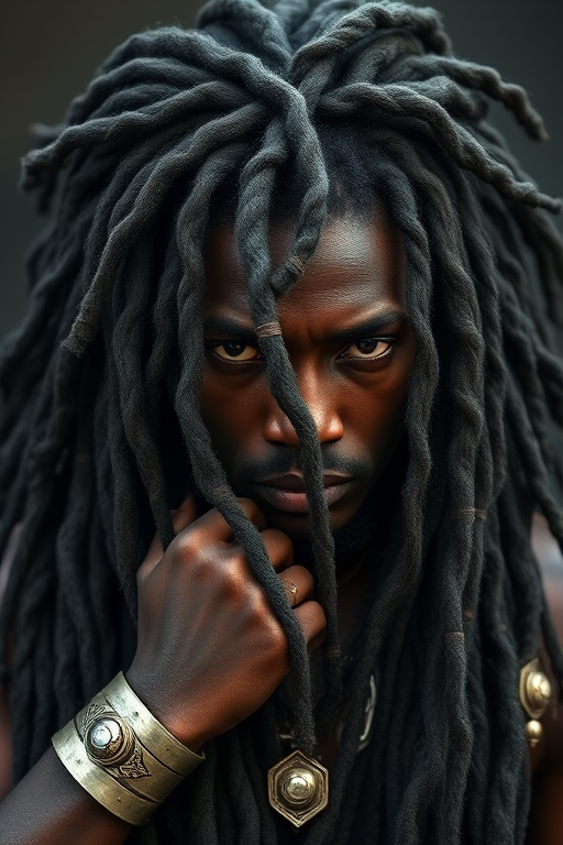 Luxurious charcoal gray dreadlocks adorned with silver cuffs and rings, exuding strength and cultural pride, known as "Obsidian Warrior"