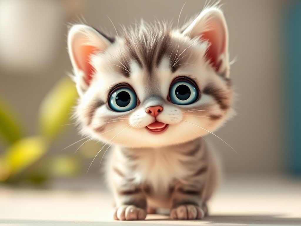Create a cute cartoon kitten character with large blue eyes, a light gray fur coat, a cheerful expression, and a playful pose, captured in a close-up view with a soft focus background, using a DSLR camera with a 50mm lens at f/2.8 aperture, ISO 100, and a 1/250 sec shutter speed for enhanced image quality.
