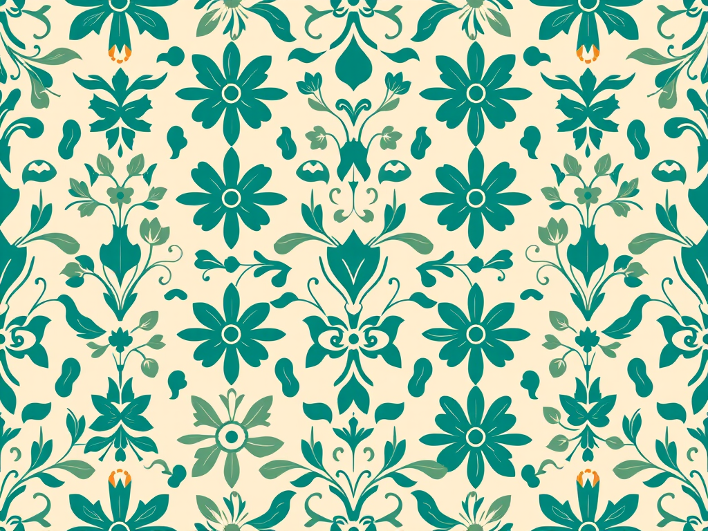 Create a seamless pattern of intricate floral designs featuring stylized leaves and blossoms in a two-tone color scheme of teal and beige, taken with a Canon EOS R5 using a 50mm lens, aperture f/8, shutter speed 1/100s for sharp details, and a directly overhead view for symmetry.