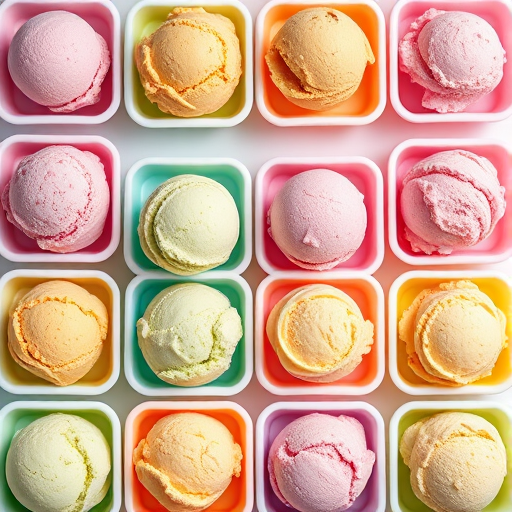 Regenerate a colorful flat lay image of twelve scoops of ice cream in pastel-colored containers arranged in a grid pattern, with a focus on vibrant colors, soft lighting, ISO 200, aperture f/4, shutter speed 1/125s, using a Canon EOS R5 with a 50mm lens.