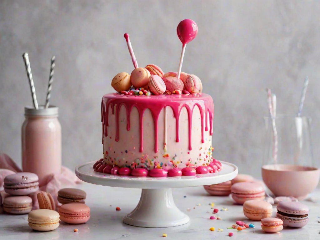 Create a vibrant pink cake with a glossy drip effect. The cake should be adorned with various pink candies, including a large lollipop on top, and smaller decorative elements like macarons and sprinkles. Place the cake on a white pedestal stand against a light kitchen background.