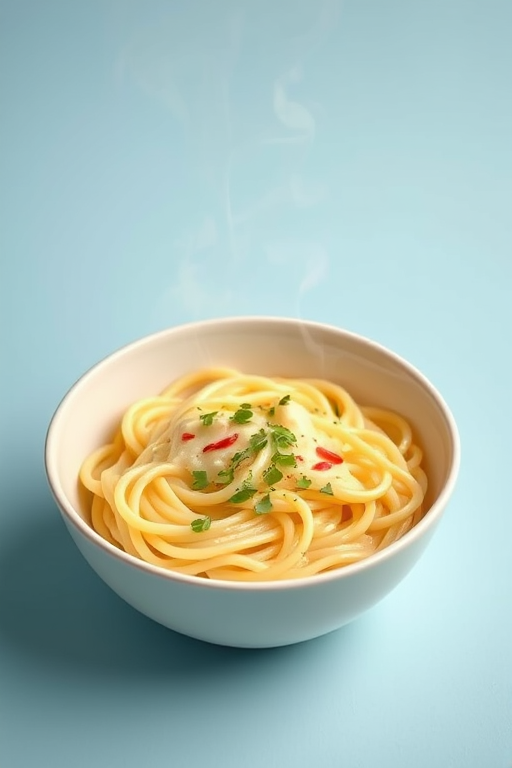 A bowl of creamy pasta with steam rising, garnished with green herbs and red spots, against a pastel blue background, shot with a DSLR camera at f/2.8, ISO 100, 50mm lens, natural light, in a top-down view.
