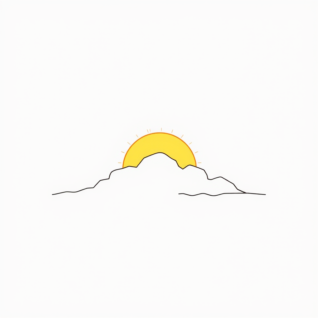 Create a minimalist line drawing of a sun rising behind a cloud with a soft color palette, using a DSLR camera at f/2.8 aperture, 50mm lens, ISO 100, natural light, shot from an overhead angle to enhance depth.