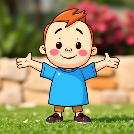 Generate a colorful cartoon character with a simple design, standing with arms outstretched, wearing a blue shirt, in a bright and cheerful style, taken with a DSLR camera at f/2.8 aperture, ISO 100, 50mm lens, natural lighting for enhanced vibrancy.