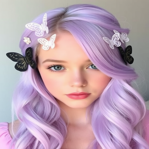 Pastel lavender waves arranged in the "Whimsical Whisper" style flow gently around her face, adorned with delicate butterfly clips and shimmering pearl accents throughout