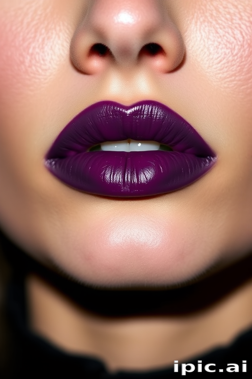 Deep purple lips with a satin finish, showcasing a bold and dramatic look, perfect for making a statement at an avant-garde fashion event
