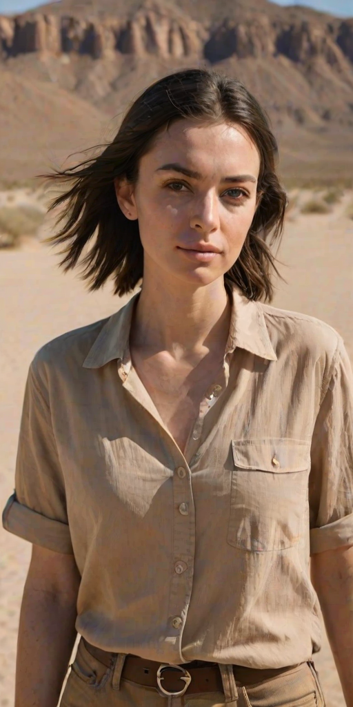 portrait of a Woman, she is posing in the desert wearing a tan shirt