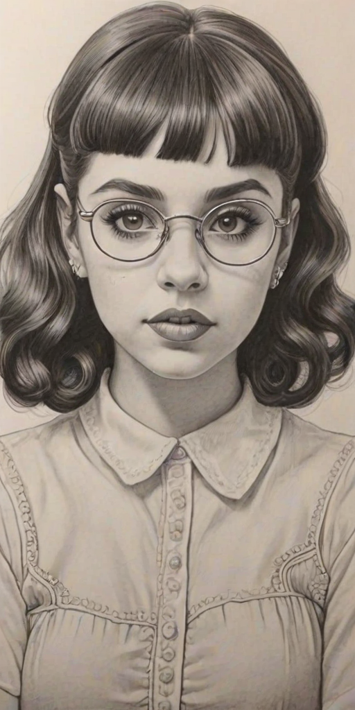 Radiant Melanie Martinez, pencil sketch, portrait of Captivating woman 1944s in glasses, hair style beatnik, outline, clear lines, fine lines, 8k