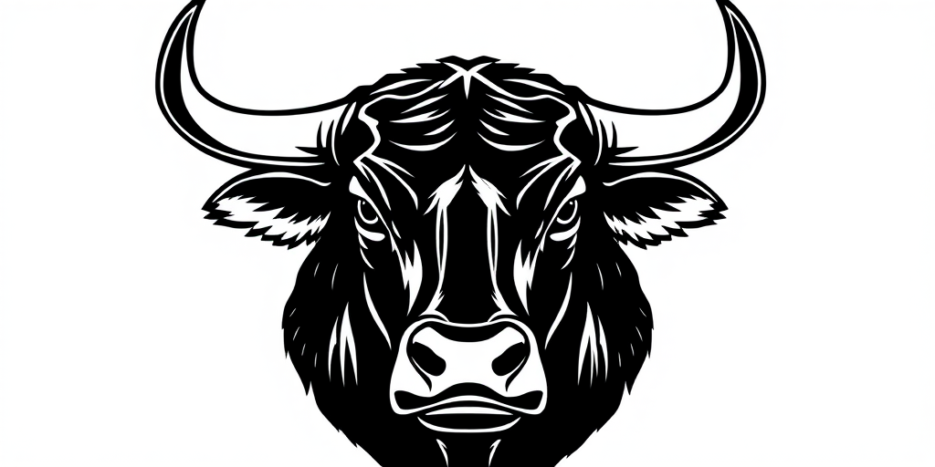 Create a detailed and bold illustration of a bull's head in a minimalist style, focusing on sharp lines and high contrast, using a Canon EOS R5 with a 50mm f/1.2 lens, shooting at f/4, ISO 100, and a low-angle perspective to emphasize the strength of the bull.