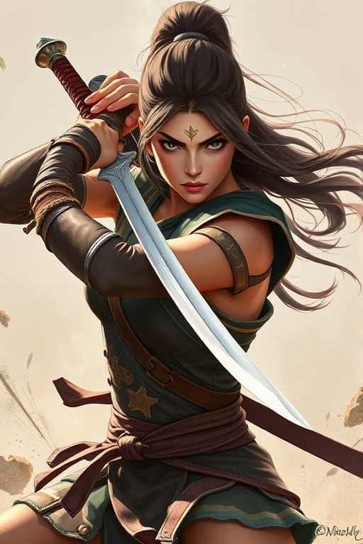 Create a high-resolution illustration of a fierce warrior woman wielding a sword, with dynamic action and detailed expression, using a DSLR camera with a 50mm lens at f/1.8, shooting in portrait orientation with soft natural lighting to enhance colors and depth.